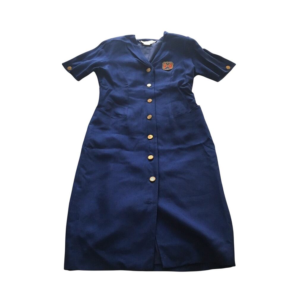 Navy Linen Dress Vintage Starington Size 8 Retro Preppy Embroidered Coat of Arms
